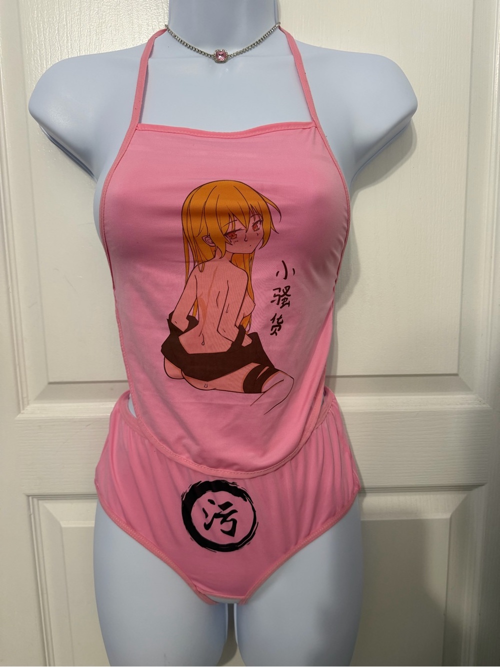 Pink Halter One-Piece Swim with Anime Graphic